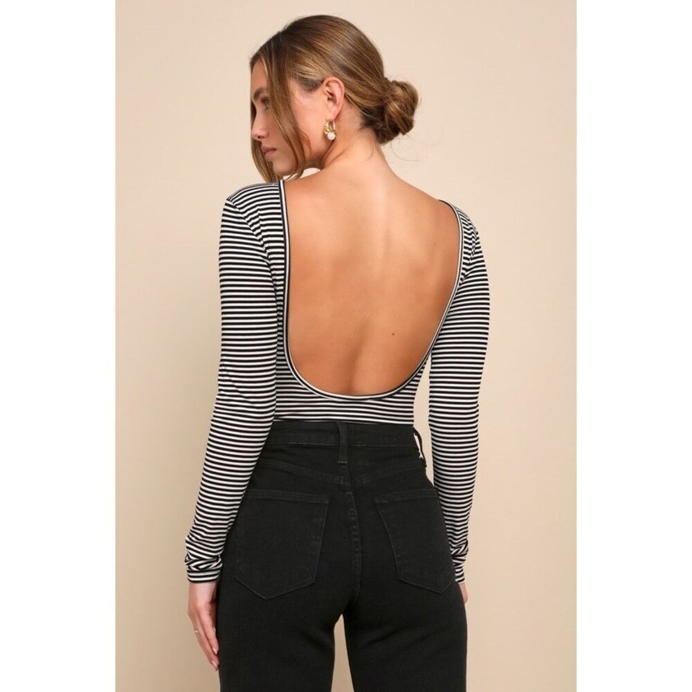 Lulus Favorable Cutie Black And White Striped Backless Bodysuit - Size XS